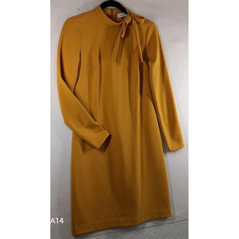 Calvin Klein Dress Women Sz 4 Mustard Crepe Bow Retro Glam Royal Secretary $134 - Picture 3 of 9